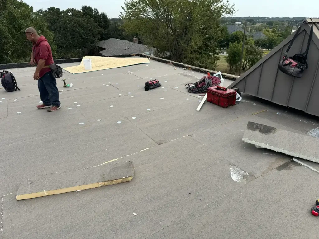 Commercial flat roof restoration along SH 360 in Grand Prairie, TX
